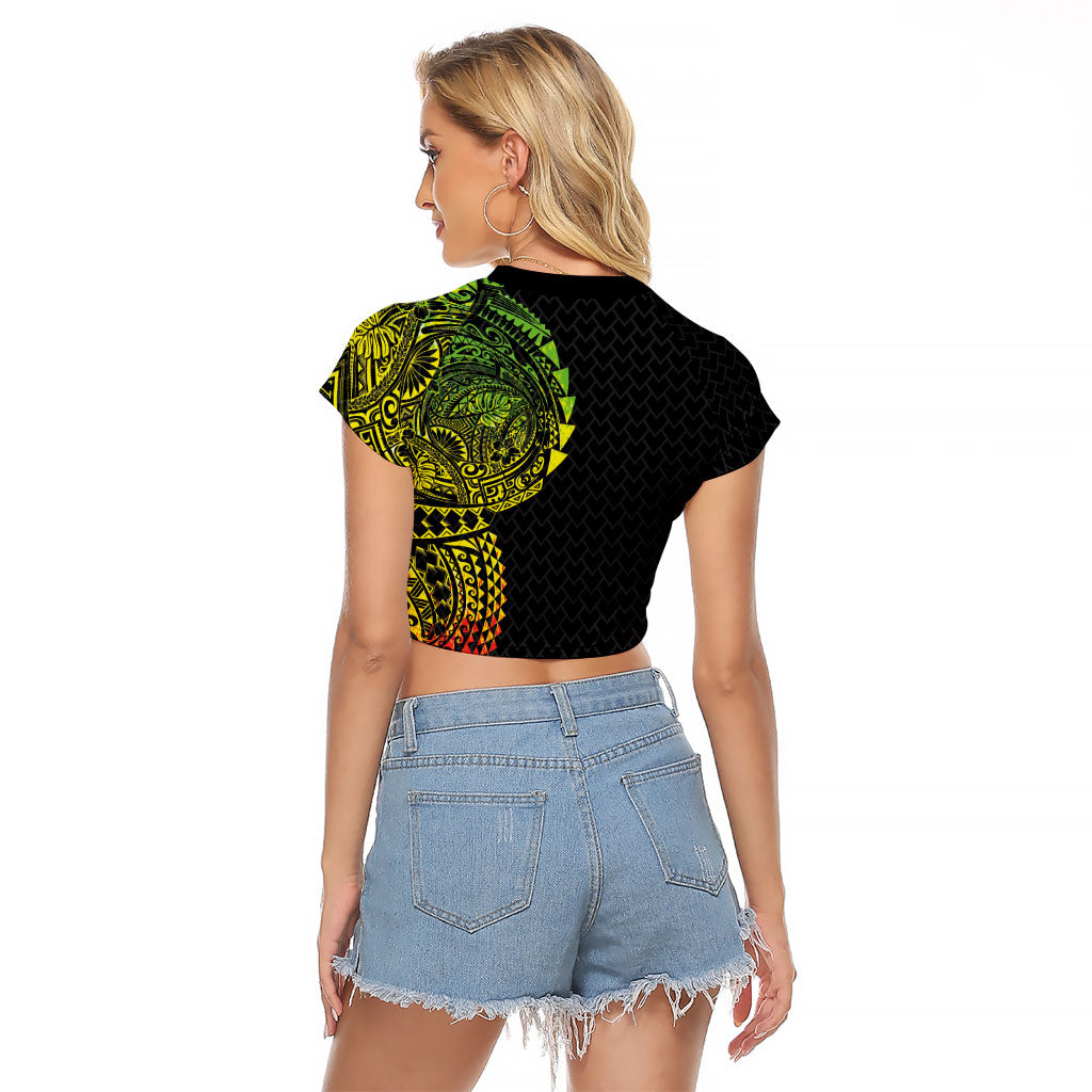 Hawaiian Traditional Tattoos Raglan Cropped T Shirt Kakau Tribal Tropical Plant Motif Kanaka Maoli Flag Color Inspired LT03 - Polynesian Pride