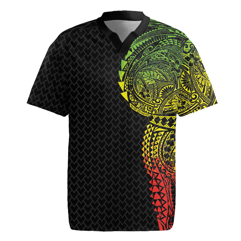 Hawaiian Traditional Tattoos Rugby Jersey Kakau Tribal Tropical Plant Motif Kanaka Maoli Flag Color Inspired