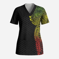 Hawaiian Traditional Tattoos Scrub Top Kakau Tribal Tropical Plant Motif Kanaka Maoli Flag Color Inspired LT03 Adult Multicolor - Polynesian Pride