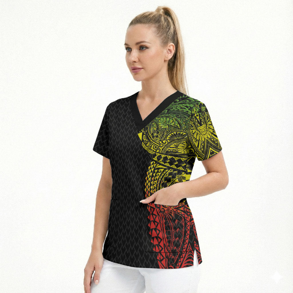 Hawaiian Traditional Tattoos Scrub Top Kakau Tribal Tropical Plant Motif Kanaka Maoli Flag Color Inspired LT03 - Polynesian Pride