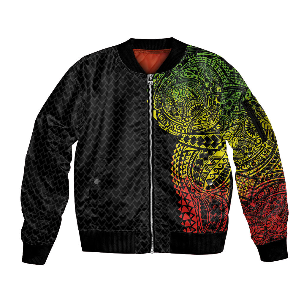 Hawaiian Traditional Tattoos Sleeve Zip Bomber Jacket Kakau Tribal Tropical Plant Motif Kanaka Maoli Flag Color Inspired