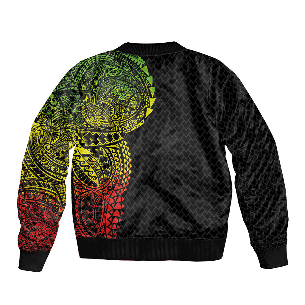 Hawaiian Traditional Tattoos Sleeve Zip Bomber Jacket Kakau Tribal Tropical Plant Motif Kanaka Maoli Flag Color Inspired LT03 - Polynesian Pride