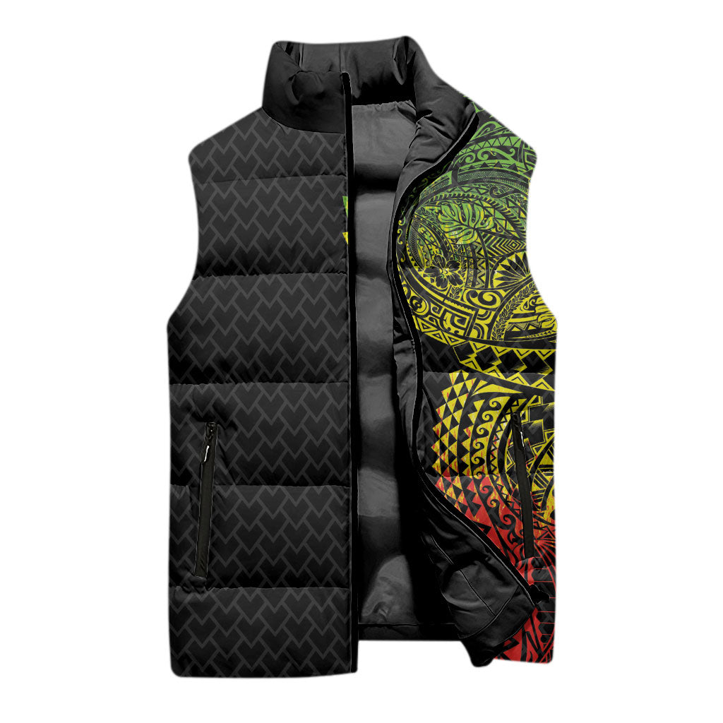 Hawaiian Traditional Tattoos Sleeveless Puffer Jacket Kakau Tribal Tropical Plant Motif Kanaka Maoli Flag Color Inspired LT03 - Polynesian Pride