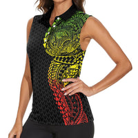 Hawaiian Traditional Tattoos Women Sleeveless Polo Shirt Kakau Tribal Tropical Plant Motif Kanaka Maoli Flag Color Inspired LT03 - Polynesian Pride