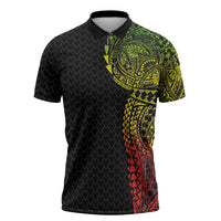 Hawaiian Traditional Tattoos Zipper Polo Shirt Kakau Tribal Tropical Plant Motif Kanaka Maoli Flag Color Inspired LT03 Multicolor - Polynesian Pride