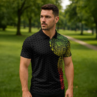 Hawaiian Traditional Tattoos Zipper Polo Shirt Kakau Tribal Tropical Plant Motif Kanaka Maoli Flag Color Inspired LT03 - Polynesian Pride