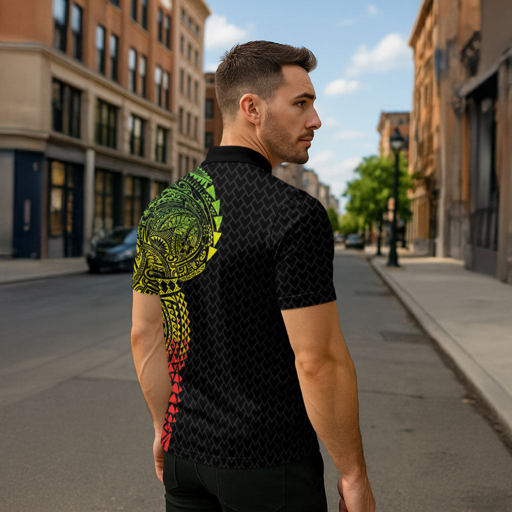 Hawaiian Traditional Tattoos Zipper Polo Shirt Kakau Tribal Tropical Plant Motif Kanaka Maoli Flag Color Inspired LT03 - Polynesian Pride