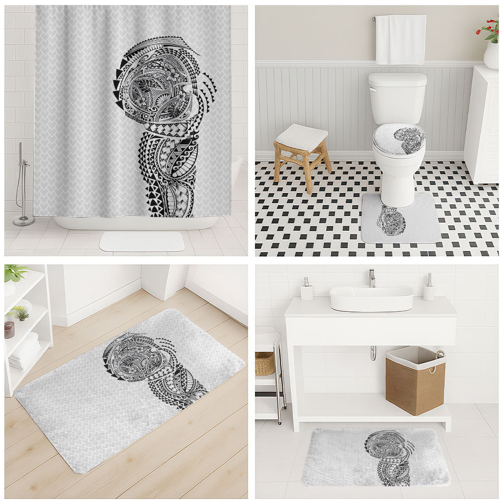 Hawaiian Traditional Tattoos Bathroom Set Kakau Tribal Tropical Plant Motif White Color