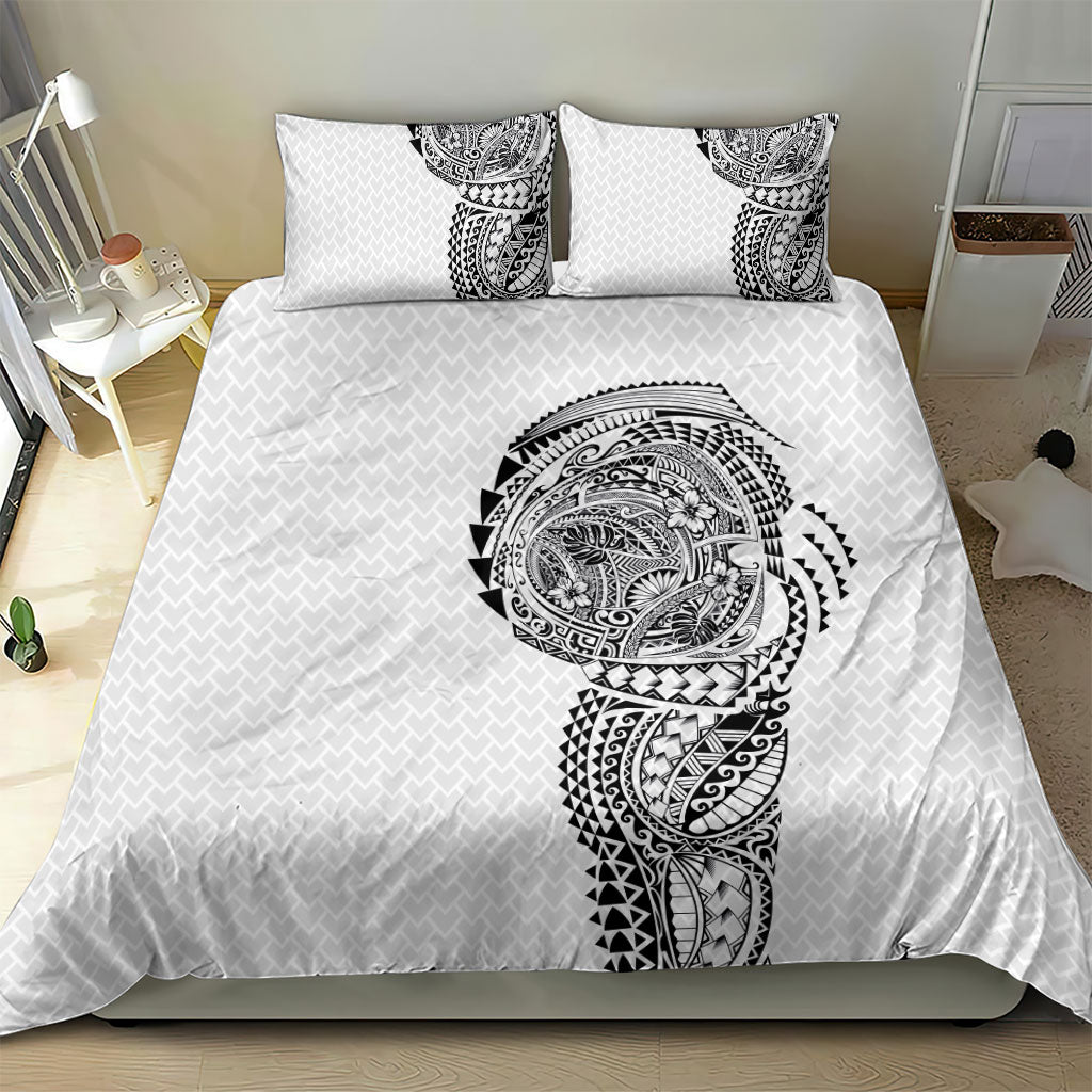 Hawaiian Traditional Tattoos Bedding Set Kakau Tribal Tropical Plant Motif White Color