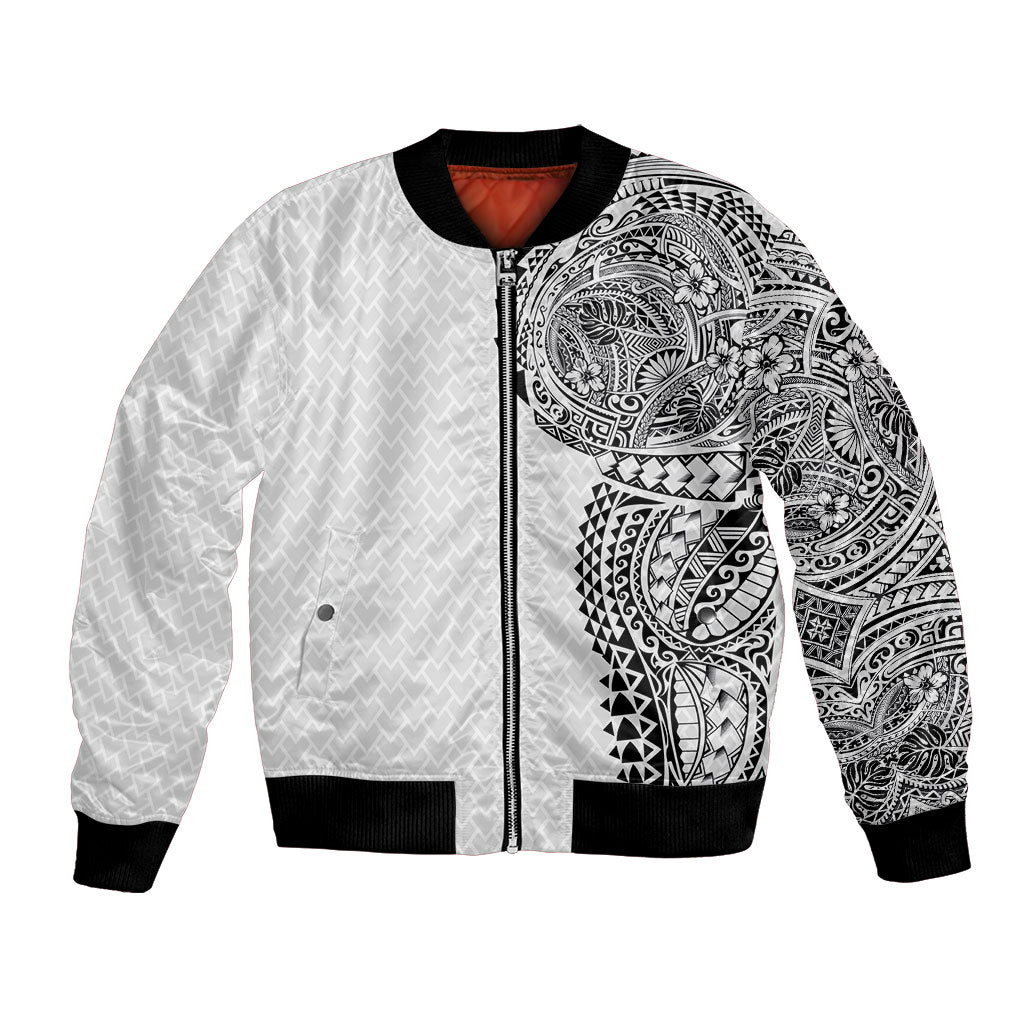 Hawaiian Traditional Tattoos Bomber Jacket Kakau Tribal Tropical Plant Motif White Color