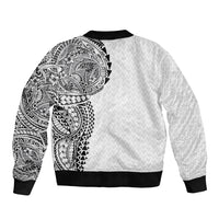 Hawaiian Traditional Tattoos Bomber Jacket Kakau Tribal Tropical Plant Motif White Color