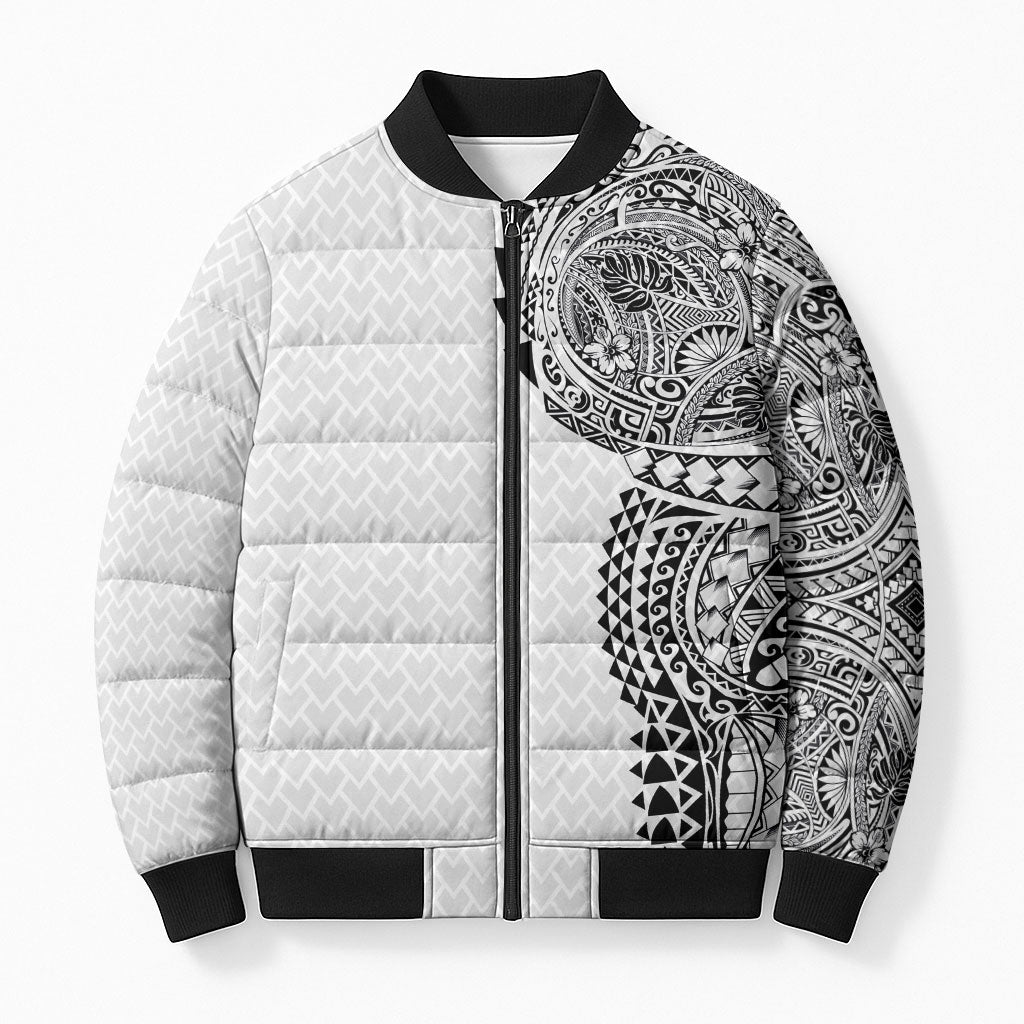 Hawaiian Traditional Tattoos Bomber Puffer Jacket Kakau Tribal Tropical Plant Motif White Color