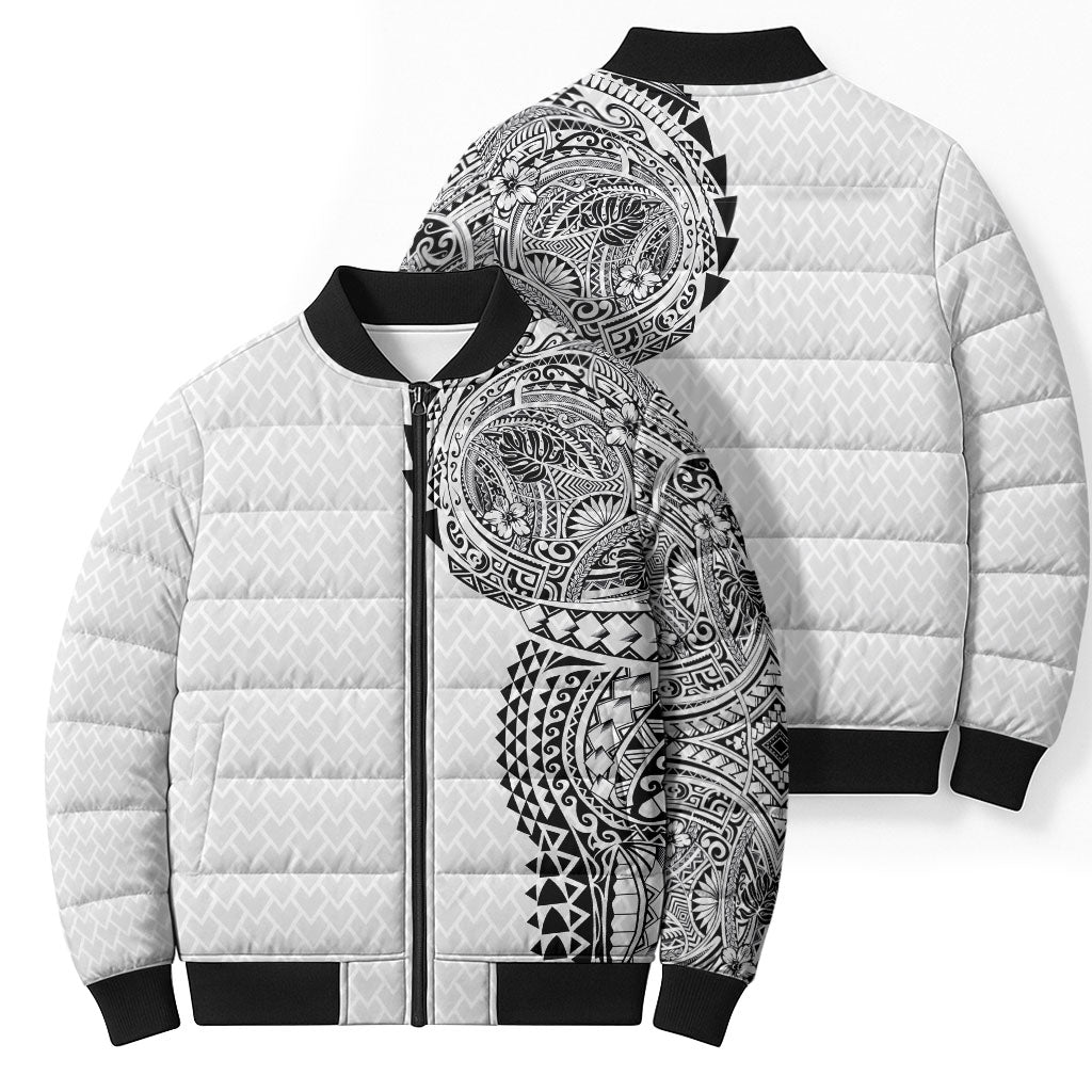 Hawaiian Traditional Tattoos Bomber Puffer Jacket Kakau Tribal Tropical Plant Motif White Color