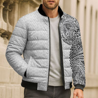 Hawaiian Traditional Tattoos Bomber Puffer Jacket Kakau Tribal Tropical Plant Motif White Color