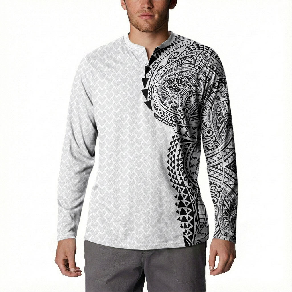 Hawaiian Traditional Tattoos Button Sweatshirt Kakau Tribal Tropical Plant Motif White Color