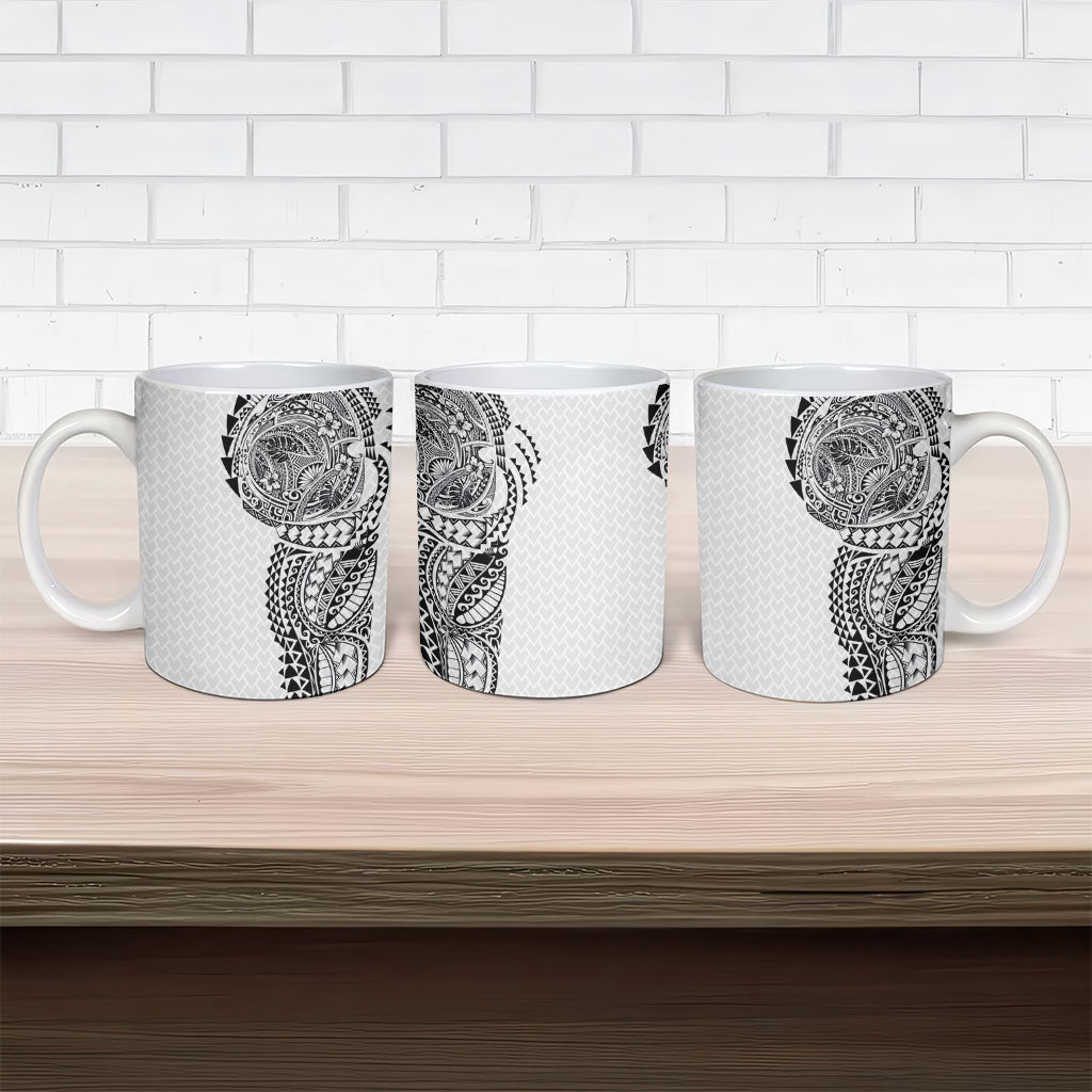 Hawaiian Traditional Tattoos Ceramic Mug Kakau Tribal Tropical Plant Motif White Color