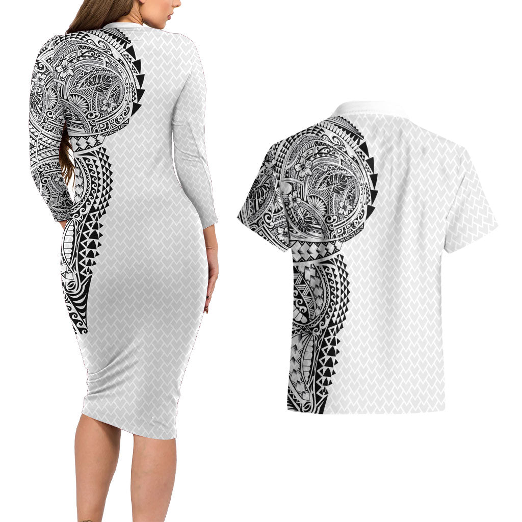 Hawaiian Traditional Tattoos Couples Matching Long Sleeve Bodycon Dress and Hawaiian Shirt Kakau Tribal Tropical Plant Motif White Color LT03 - Polynesian Pride