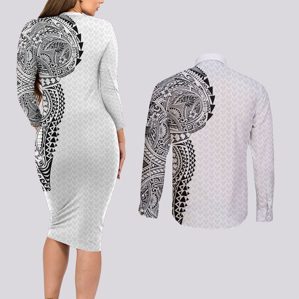 Hawaiian Traditional Tattoos Couples Matching Long Sleeve Bodycon Dress and Long Sleeve Button Shirt Kakau Tribal Tropical Plant Motif White Color LT03 - Polynesian Pride