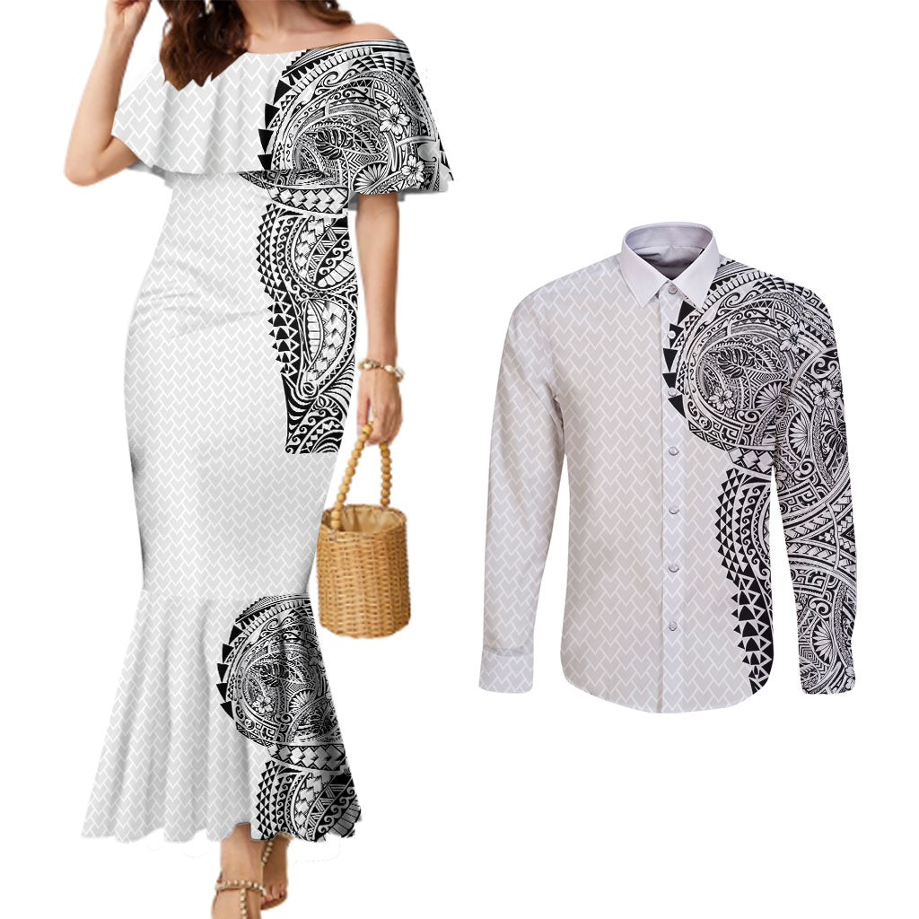 Hawaiian Traditional Tattoos Couples Matching Mermaid Dress and Long Sleeve Button Shirt Kakau Tribal Tropical Plant Motif White Color