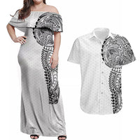 Hawaiian Traditional Tattoos Couples Matching Off Shoulder Maxi Dress and Hawaiian Shirt Kakau Tribal Tropical Plant Motif White Color LT03 White - Polynesian Pride
