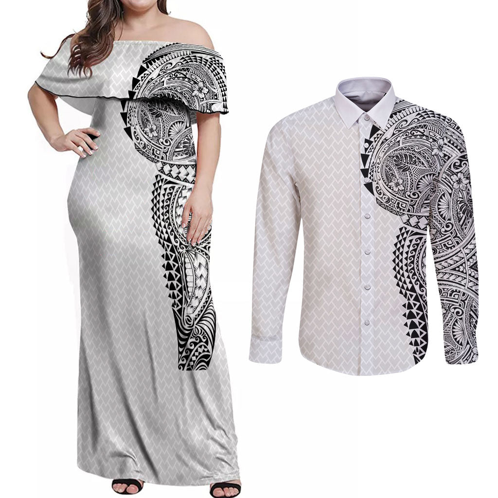 Hawaiian Traditional Tattoos Couples Matching Off Shoulder Maxi Dress and Long Sleeve Button Shirt Kakau Tribal Tropical Plant Motif White Color LT03 White - Polynesian Pride