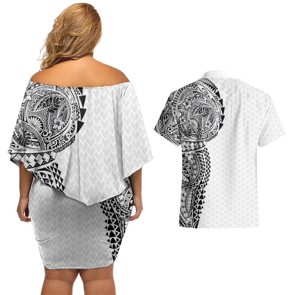 Hawaiian Traditional Tattoos Couples Matching Off Shoulder Short Dress and Hawaiian Shirt Kakau Tribal Tropical Plant Motif White Color LT03 - Polynesian Pride