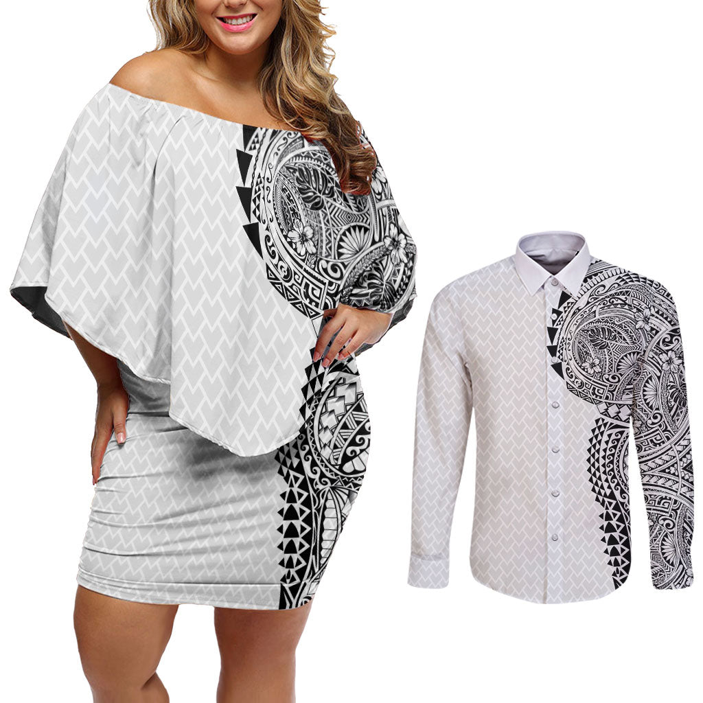 Hawaiian Traditional Tattoos Couples Matching Off Shoulder Short Dress and Long Sleeve Button Shirt Kakau Tribal Tropical Plant Motif White Color LT03 White - Polynesian Pride