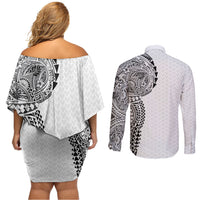 Hawaiian Traditional Tattoos Couples Matching Off Shoulder Short Dress and Long Sleeve Button Shirt Kakau Tribal Tropical Plant Motif White Color LT03 - Polynesian Pride