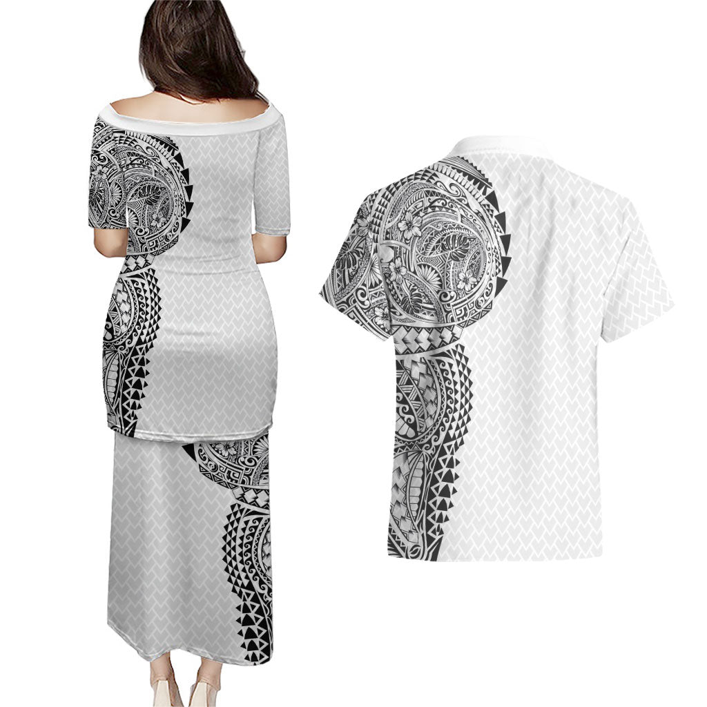 Hawaiian Traditional Tattoos Couples Matching Puletasi and Hawaiian Shirt Kakau Tribal Tropical Plant Motif White Color LT03 - Polynesian Pride