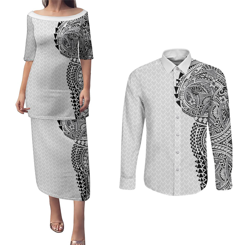 Hawaiian Traditional Tattoos Couples Matching Puletasi and Long Sleeve Button Shirt Kakau Tribal Tropical Plant Motif White Color
