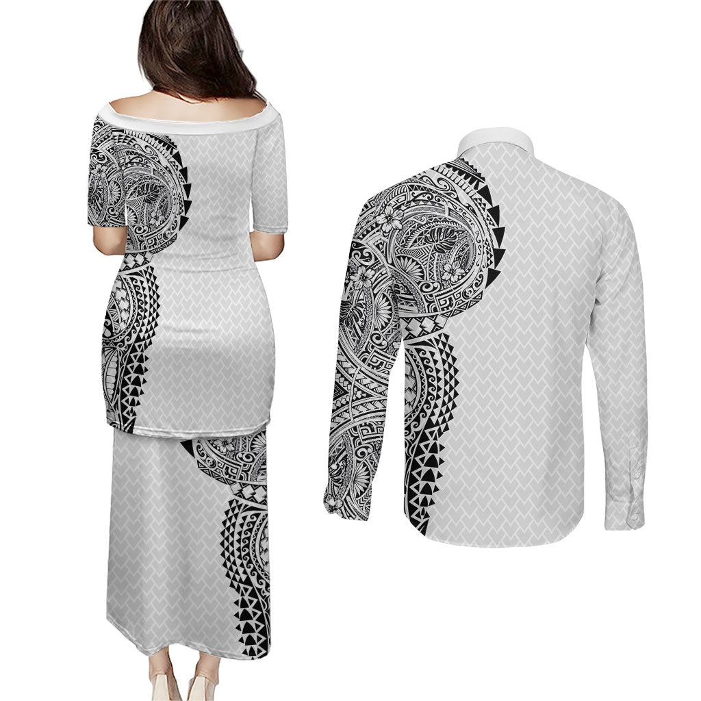 Hawaiian Traditional Tattoos Couples Matching Puletasi and Long Sleeve Button Shirt Kakau Tribal Tropical Plant Motif White Color LT03 - Polynesian Pride