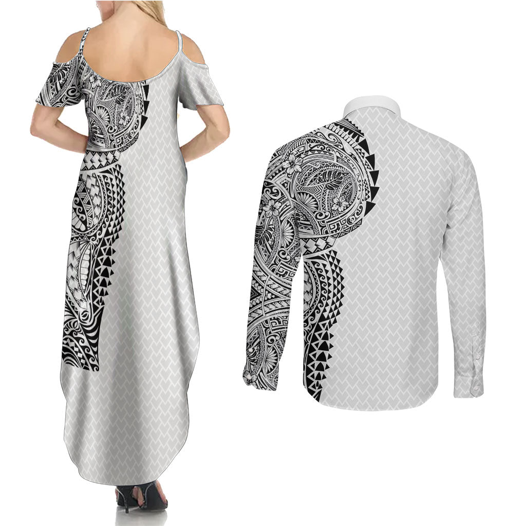 Hawaiian Traditional Tattoos Couples Matching Summer Maxi Dress and Long Sleeve Button Shirt Kakau Tribal Tropical Plant Motif White Color LT03 - Polynesian Pride