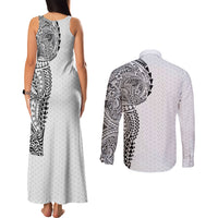 Hawaiian Traditional Tattoos Couples Matching Tank Maxi Dress and Long Sleeve Button Shirt Kakau Tribal Tropical Plant Motif White Color LT03 - Polynesian Pride
