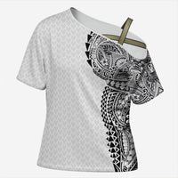 Hawaiian Traditional Tattoos Cross Shoulder Shirt Kakau Tribal Tropical Plant Motif White Color LT03 Female White - Polynesian Pride