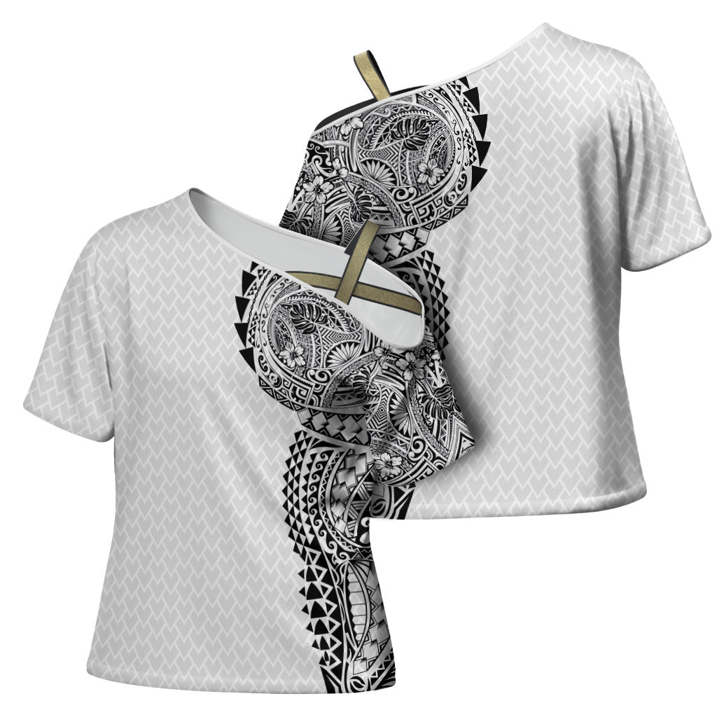 Hawaiian Traditional Tattoos Cross Shoulder Shirt Kakau Tribal Tropical Plant Motif White Color LT03 - Polynesian Pride