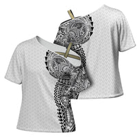 Hawaiian Traditional Tattoos Cross Shoulder Shirt Kakau Tribal Tropical Plant Motif White Color LT03 - Polynesian Pride