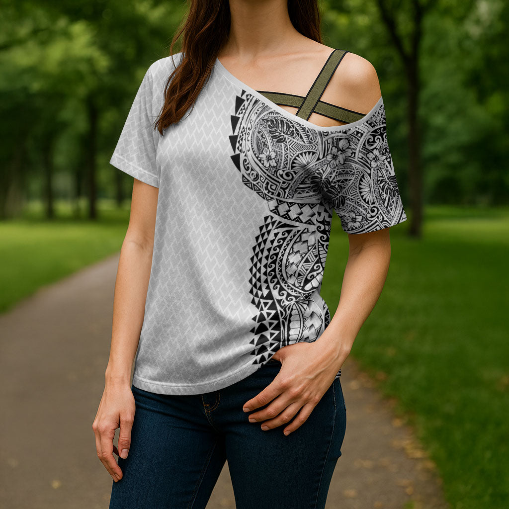 Hawaiian Traditional Tattoos Cross Shoulder Shirt Kakau Tribal Tropical Plant Motif White Color LT03 - Polynesian Pride