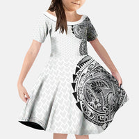 Hawaiian Traditional Tattoos Family Matching Mermaid Dress and Hawaiian Shirt Kakau Tribal Tropical Plant Motif White Color LT03 Daughter's Dress White - Polynesian Pride