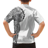 Hawaiian Traditional Tattoos Family Matching Off The Shoulder Long Sleeve Dress and Hawaiian Shirt Kakau Tribal Tropical Plant Motif White Color LT03 - Polynesian Pride