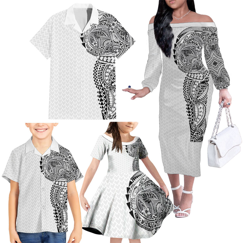 Hawaiian Traditional Tattoos Family Matching Off The Shoulder Long Sleeve Dress and Hawaiian Shirt Kakau Tribal Tropical Plant Motif White Color LT03 - Polynesian Pride