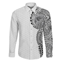 Hawaiian Traditional Tattoos Family Matching Off Shoulder Maxi Dress and Hawaiian Shirt Kakau Tribal Tropical Plant Motif White Color LT03 Dad's Shirt - Long Sleeve White - Polynesian Pride