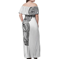 Hawaiian Traditional Tattoos Family Matching Off Shoulder Maxi Dress and Hawaiian Shirt Kakau Tribal Tropical Plant Motif White Color LT03 - Polynesian Pride
