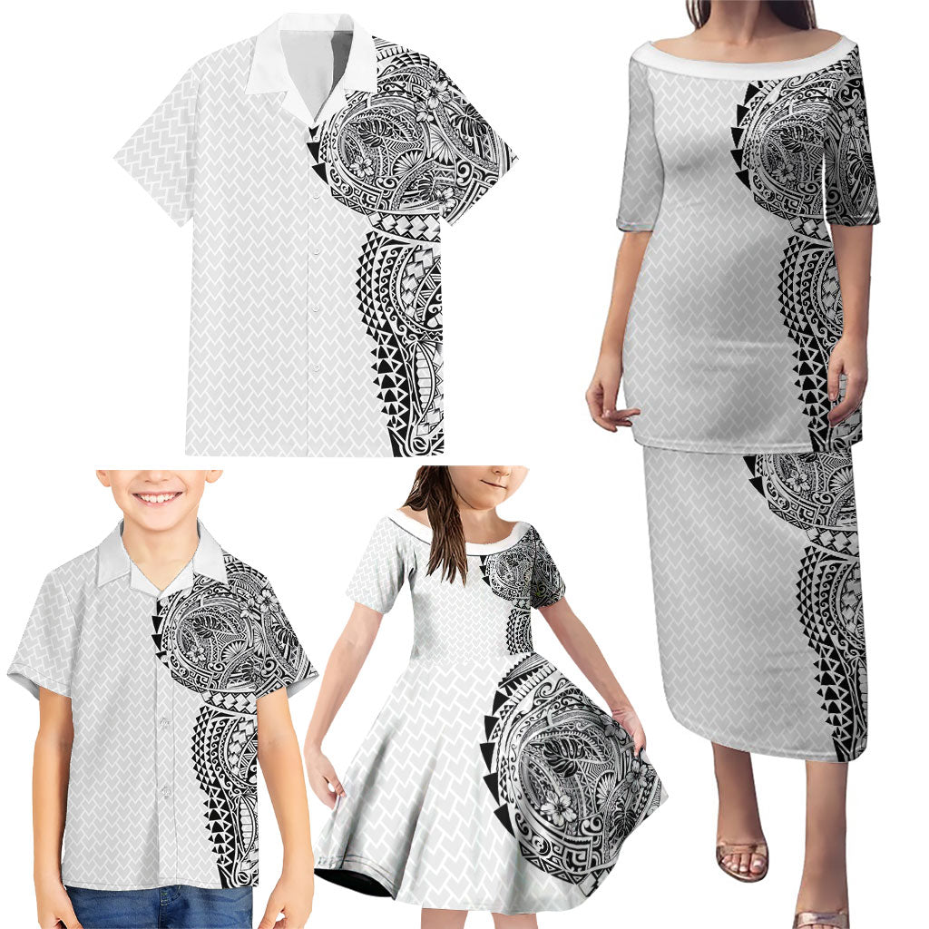 Hawaiian Traditional Tattoos Family Matching Puletasi and Hawaiian Shirt Kakau Tribal Tropical Plant Motif White Color LT03 - Polynesian Pride