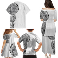 Hawaiian Traditional Tattoos Family Matching Puletasi and Hawaiian Shirt Kakau Tribal Tropical Plant Motif White Color LT03 - Polynesian Pride