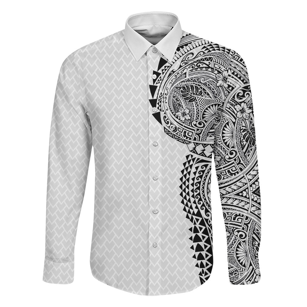 Hawaiian Traditional Tattoos Family Matching Puletasi and Hawaiian Shirt Kakau Tribal Tropical Plant Motif White Color LT03 Dad's Shirt - Long Sleeve White - Polynesian Pride