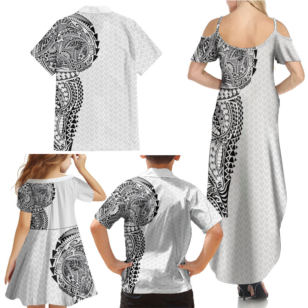 Hawaiian Traditional Tattoos Family Matching Summer Maxi Dress and Hawaiian Shirt Kakau Tribal Tropical Plant Motif White Color LT03 - Polynesian Pride