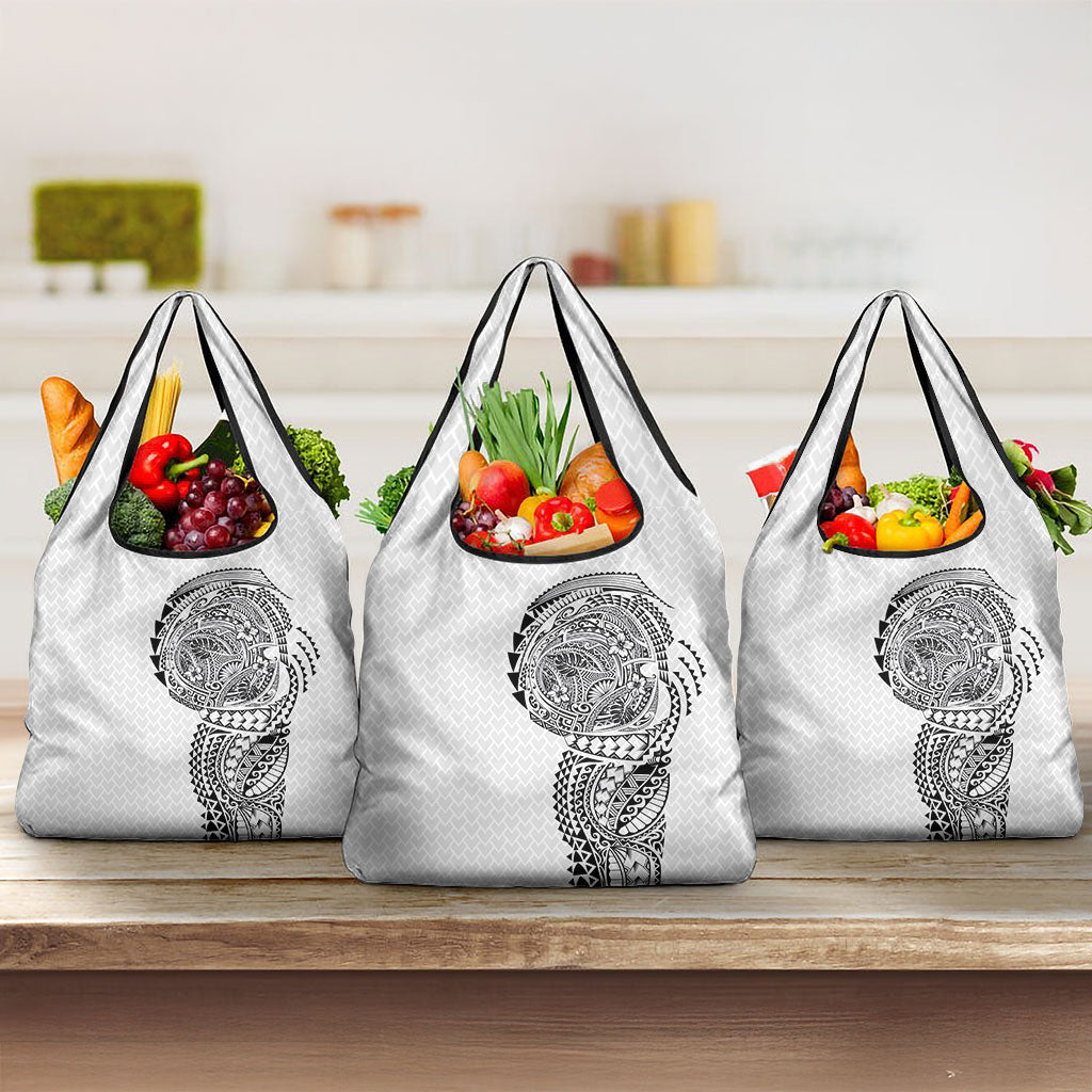 Hawaiian Traditional Tattoos Grocery Bag Kakau Tribal Tropical Plant Motif White Color