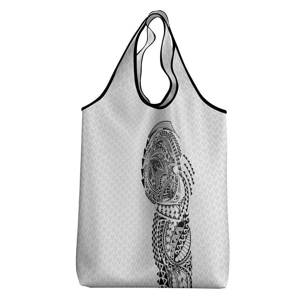 Hawaiian Traditional Tattoos Grocery Bag Kakau Tribal Tropical Plant Motif White Color