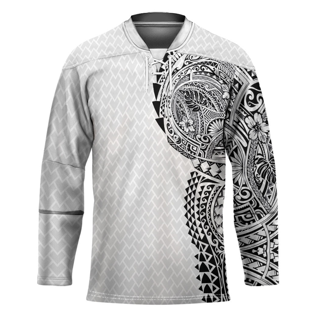 Hawaiian Traditional Tattoos Hockey Jersey Kakau Tribal Tropical Plant Motif White Color LT03 Unisex White - Polynesian Pride