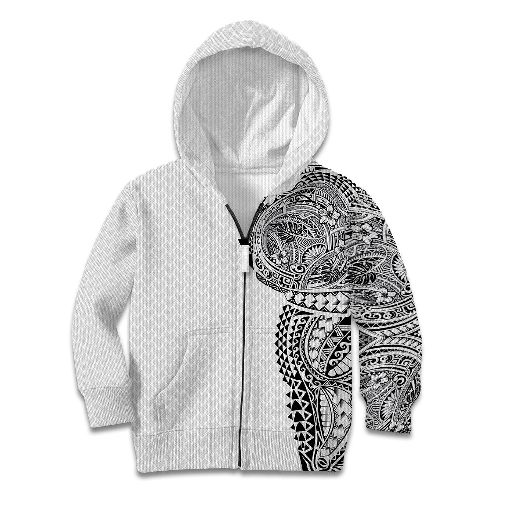 Hawaiian Traditional Tattoos Kid Hoodie Kakau Tribal Tropical Plant Motif White Color LT03 Zip Hoodie White - Polynesian Pride